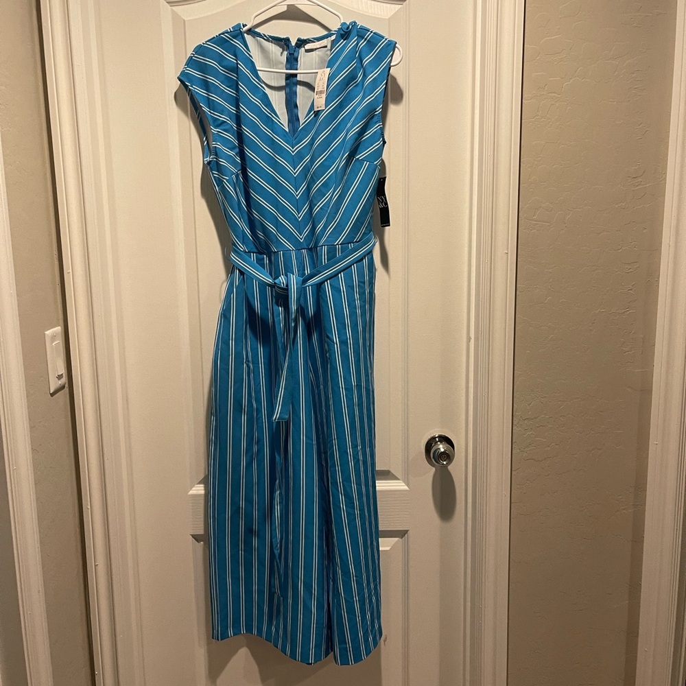 New York & Company Blue Pleated Tie Front Jumpsuit
